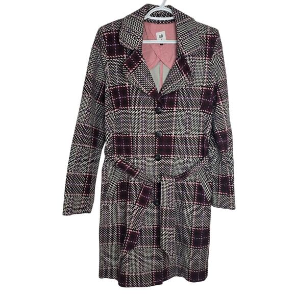 Cabi Sovereign Maroon Plaid Trench Coat - Size Medium - Picture 1 of 11